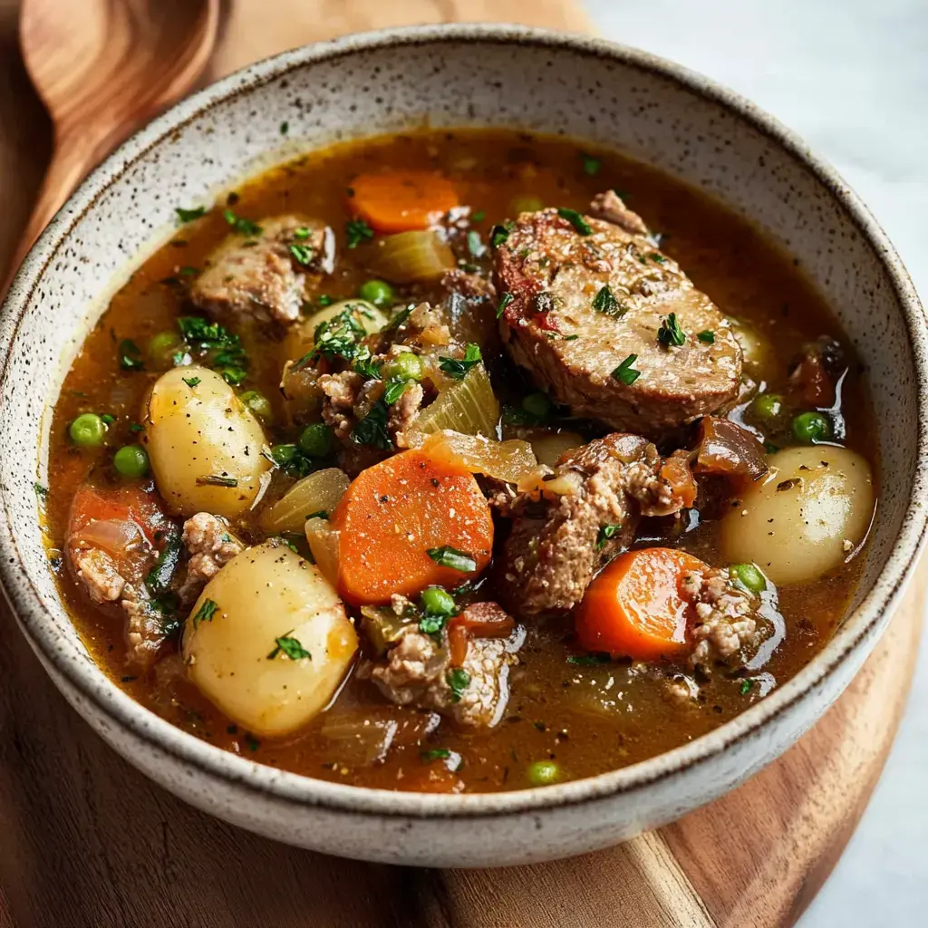 A hearty bowl of beef stew filled with carrots, potatoes, peas, and herbs in a savory broth.