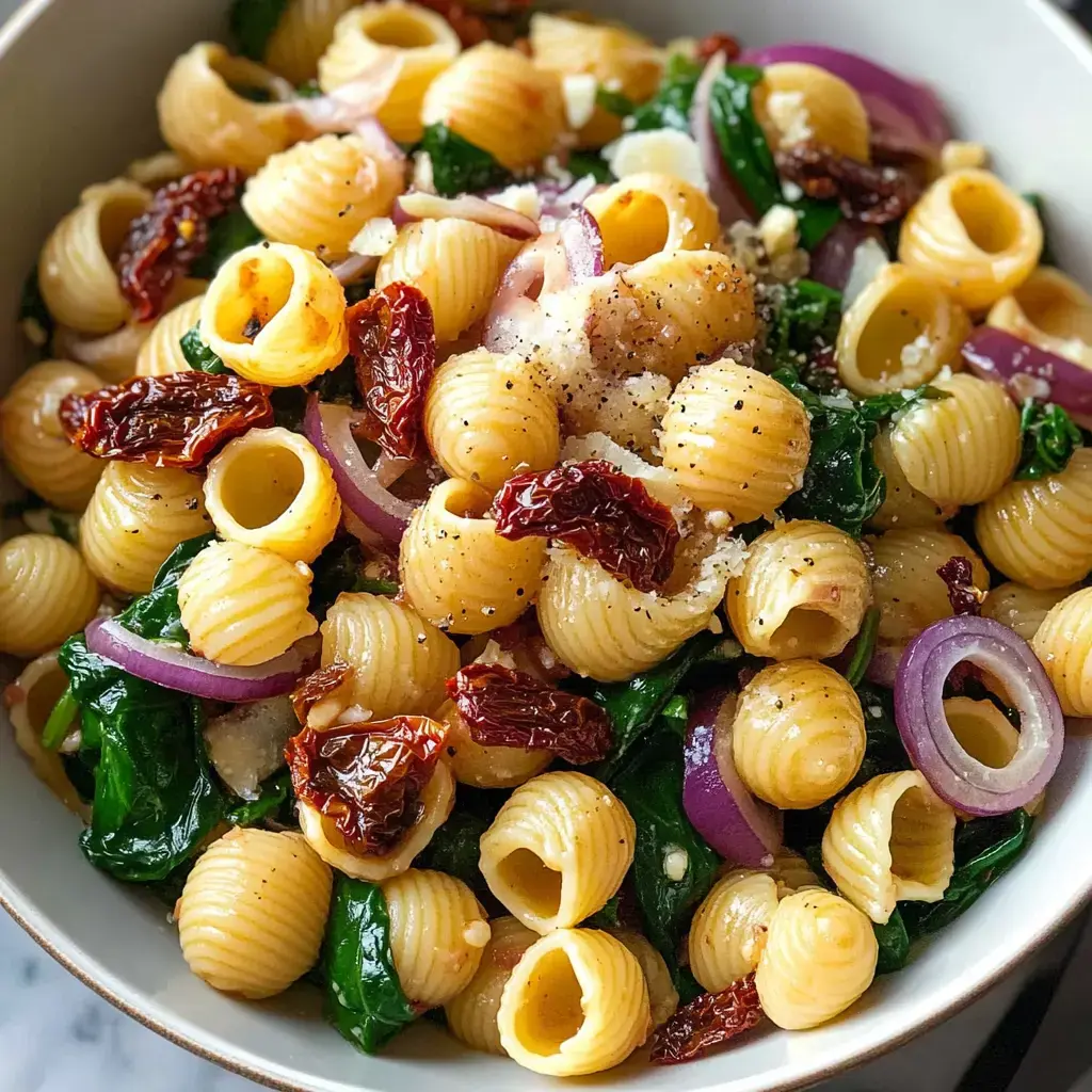 A close-up view of a bowl of spiral-shaped pasta mixed with spinach, sun-dried tomatoes, and red onion, topped with grated cheese and black pepper.