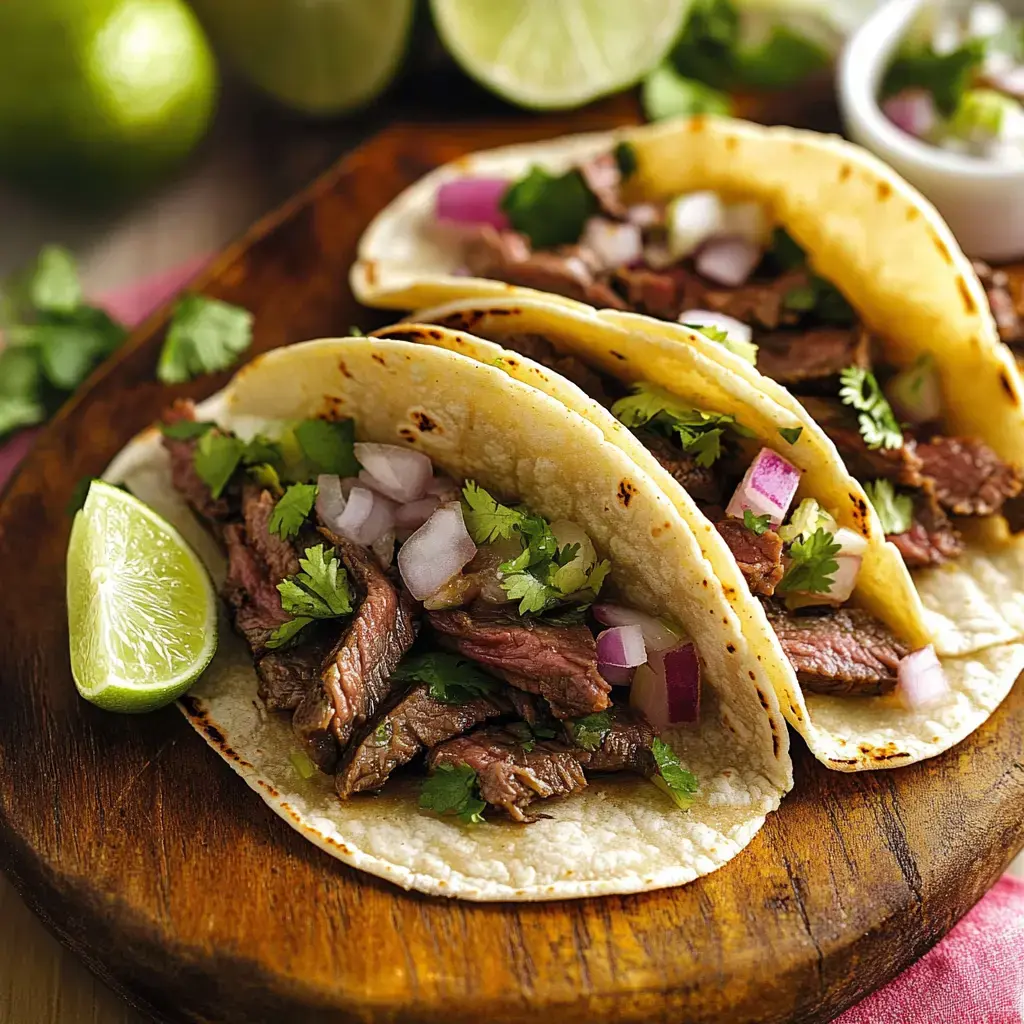 Three tacos filled with grilled beef, chopped onions, and fresh cilantro are placed on a wooden board, accompanied by lime wedges.