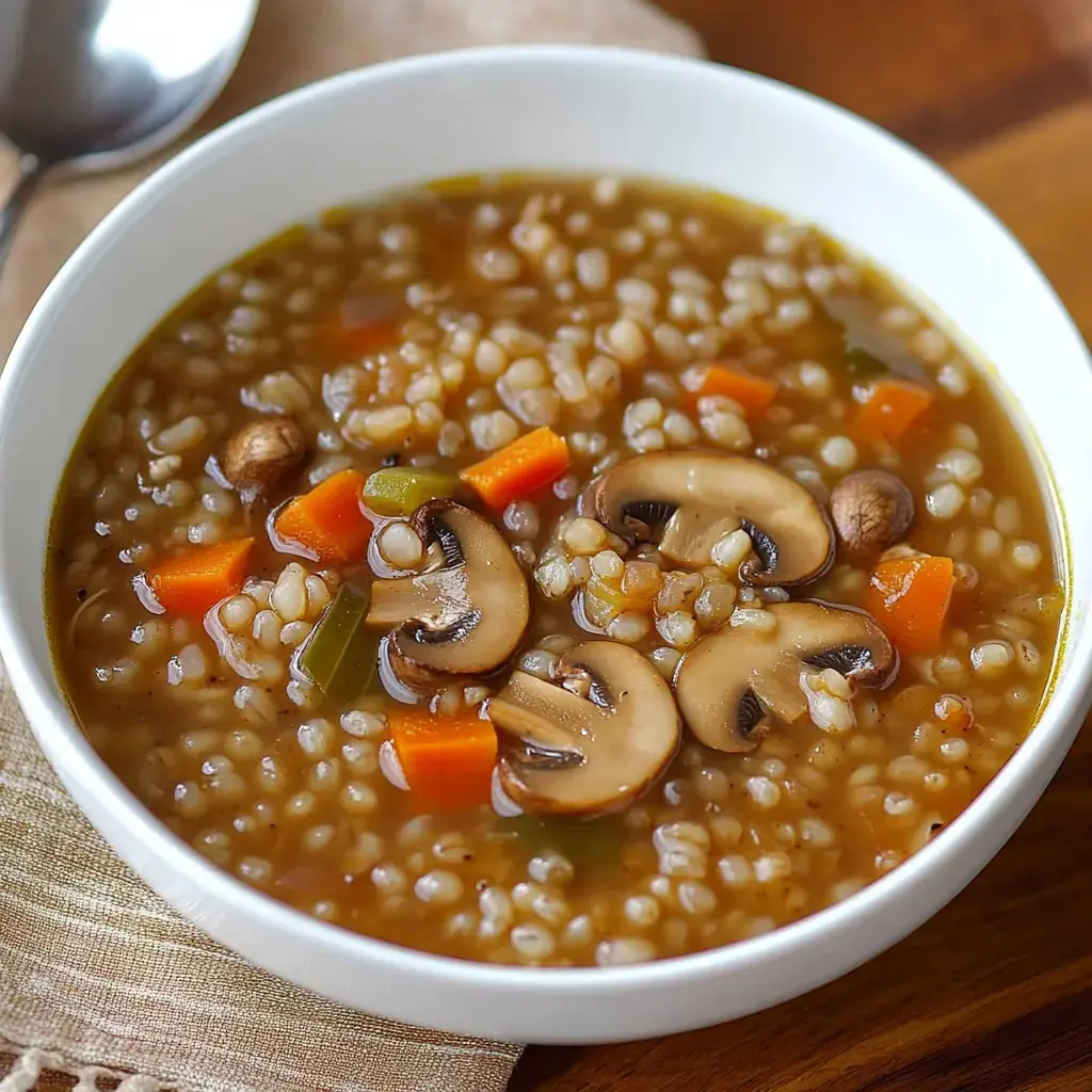 A white bowl filled with hearty soup containing barley, sliced mushrooms, carrots, and green peppers, served on a wooden surface.