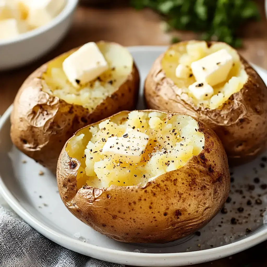 A plate of three baked potatoes topped with butter and sprinkled with black pepper.