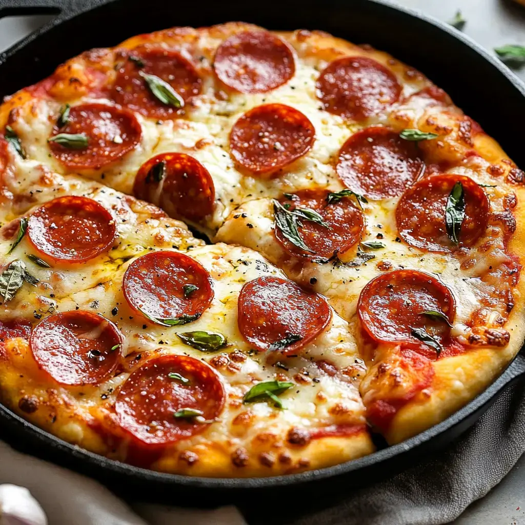 A freshly baked pizza topped with pepperoni slices and basil in a cast iron skillet.