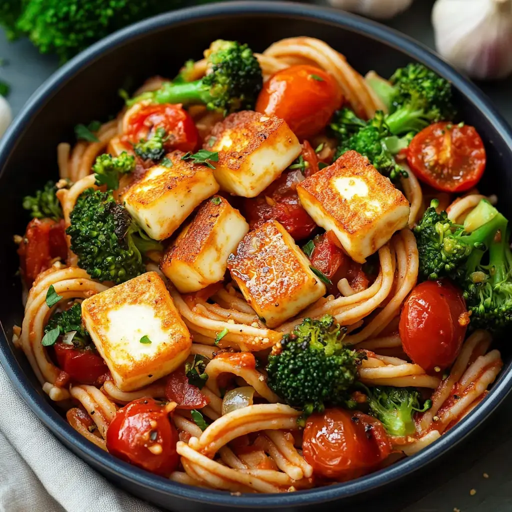 A bowl of spaghetti topped with sautéed broccoli, cherry tomatoes, and golden cubes of fried cheese.