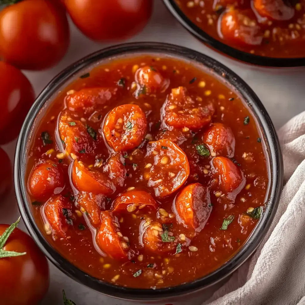 A bowl of rich tomato sauce with halved cherry tomatoes and spices, surrounded by whole tomatoes on the side.