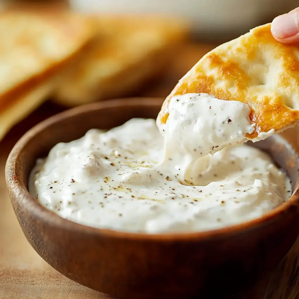 A piece of bread is being dipped into a bowl of creamy white dip, with some seasoning visible on the surface.