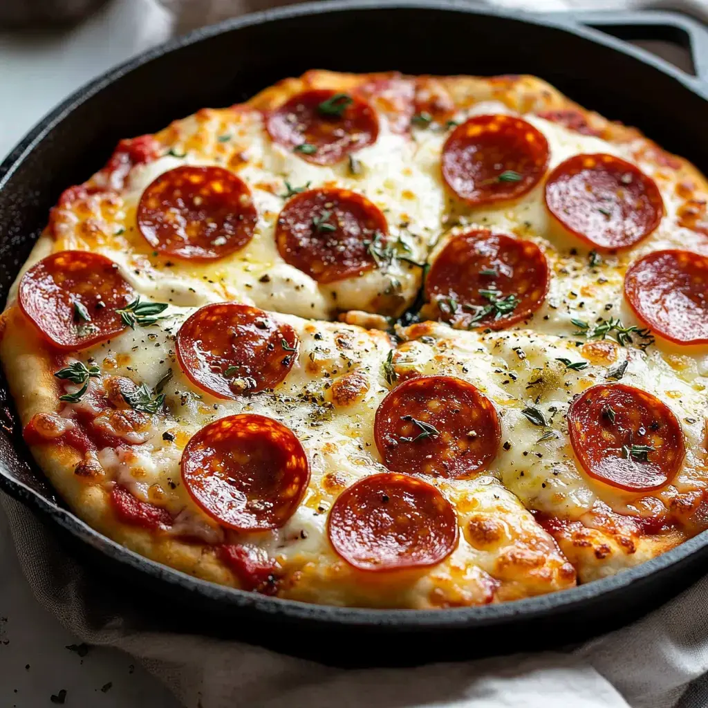 A freshly baked pepperoni pizza topped with melted cheese and herbs, served in a cast iron skillet.