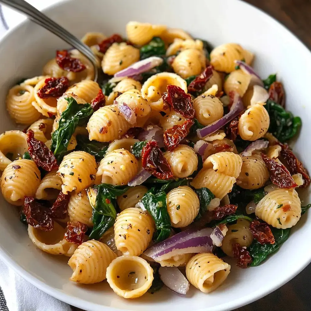 A bowl of spiral pasta mixed with spinach, sun-dried tomatoes, and red onions.