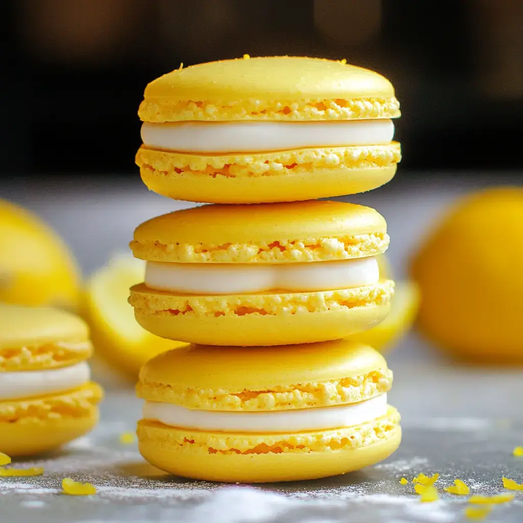 A stack of three yellow macarons filled with white cream, surrounded by lemon slices and zest.