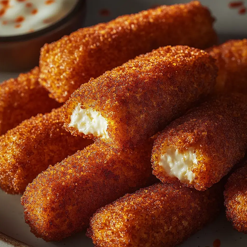 A close-up image of crispy, golden-brown cheese sticks with one cut open to reveal the creamy interior, accompanied by a small bowl of dipping sauce in the background.