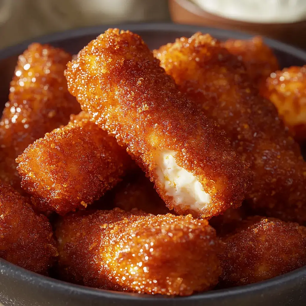 A close-up of crispy, golden-brown breaded cheese sticks arranged in a bowl, with one stick partially broken open to reveal the creamy filling.