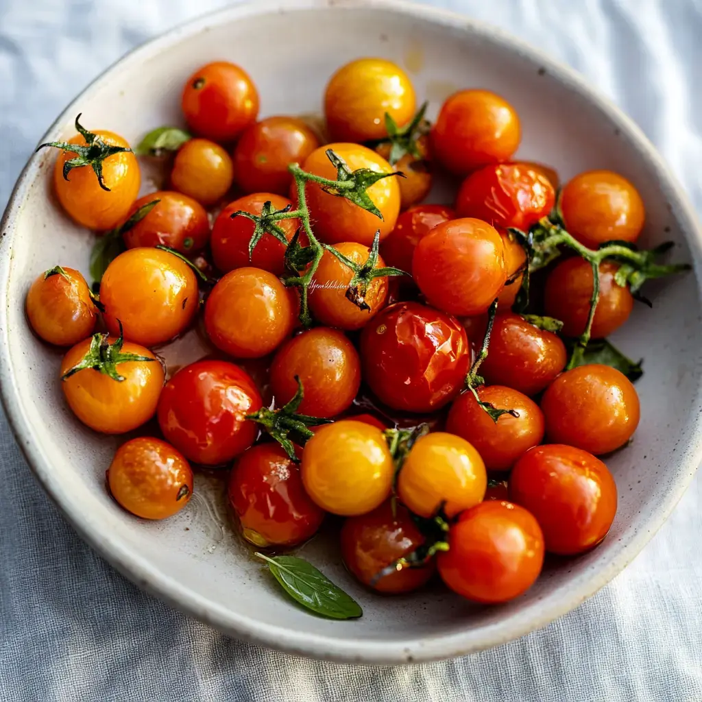 A bowl filled with various ripe cherry tomatoes in shades of red and orange, some with green stems and a few leaves.