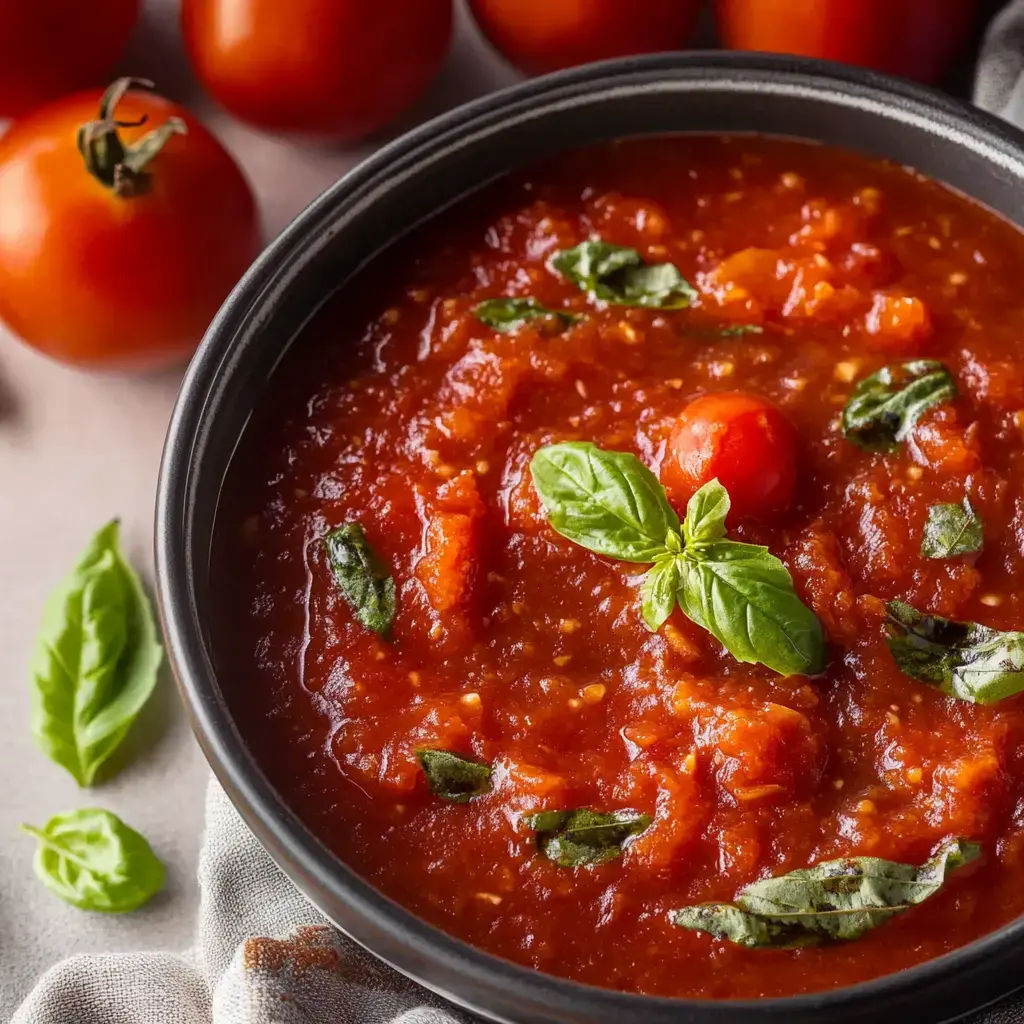 A bowl of rich tomato sauce garnished with fresh basil and surrounded by ripe tomatoes.