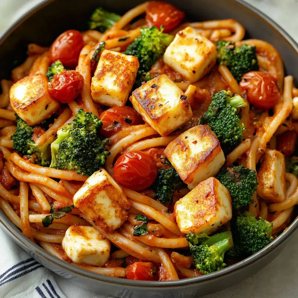 A close-up of a bowl of pasta topped with sautéed broccoli, cherry tomatoes, and cubes of grilled tofu in a tomato sauce.