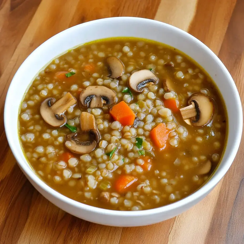 A bowl of thick soup containing mushrooms, diced carrots, and small round grains, placed on a wooden surface.