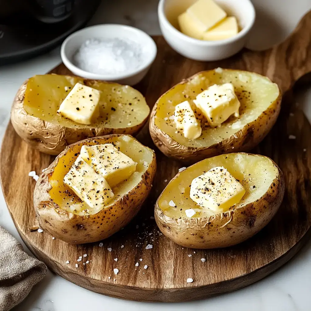 A wooden platter holds four baked potato halves topped with butter and black pepper, accompanied by small bowls of salt and extra butter.