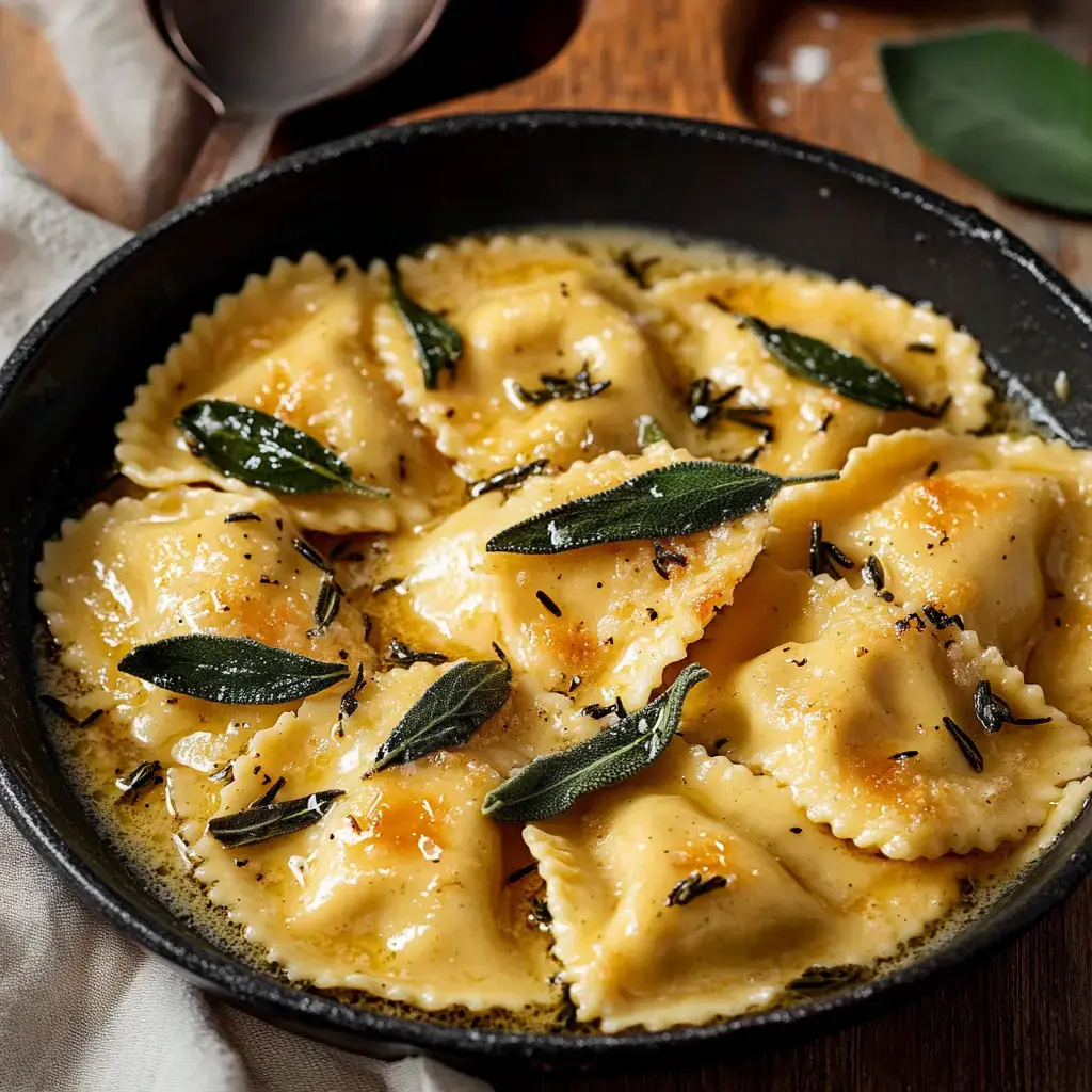 A close-up view of a black skillet filled with golden brown ravioli topped with sage leaves and a light sauce.