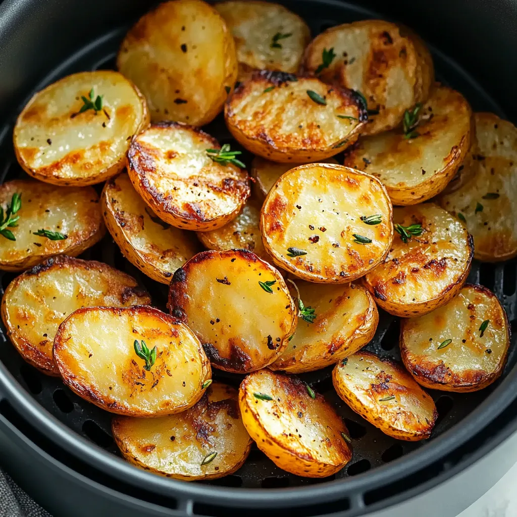 Perfectly seasoned air fryer sliced potatoes with a crunchy texture and soft center.