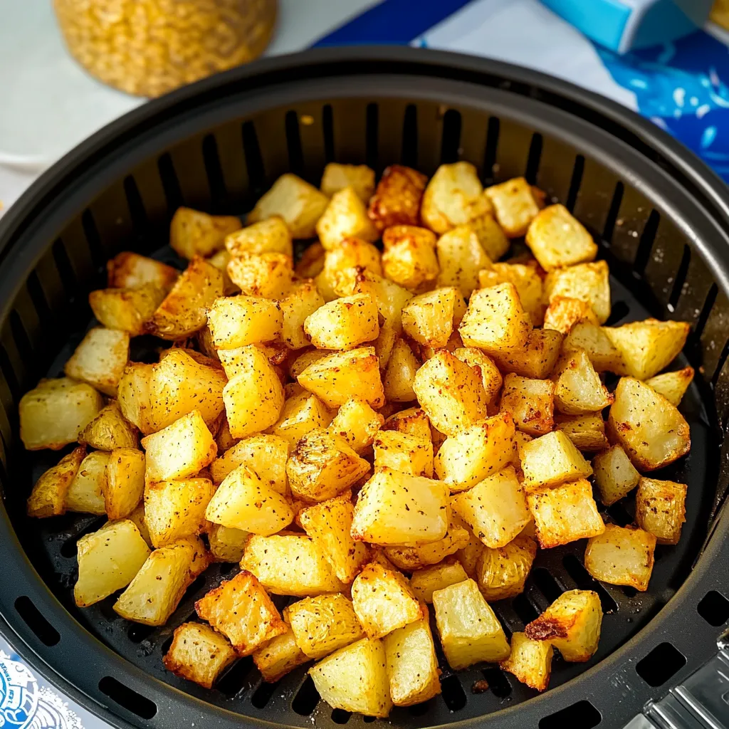 Golden-brown diced potatoes cooked in the air fryer, soft inside and crisp outside.