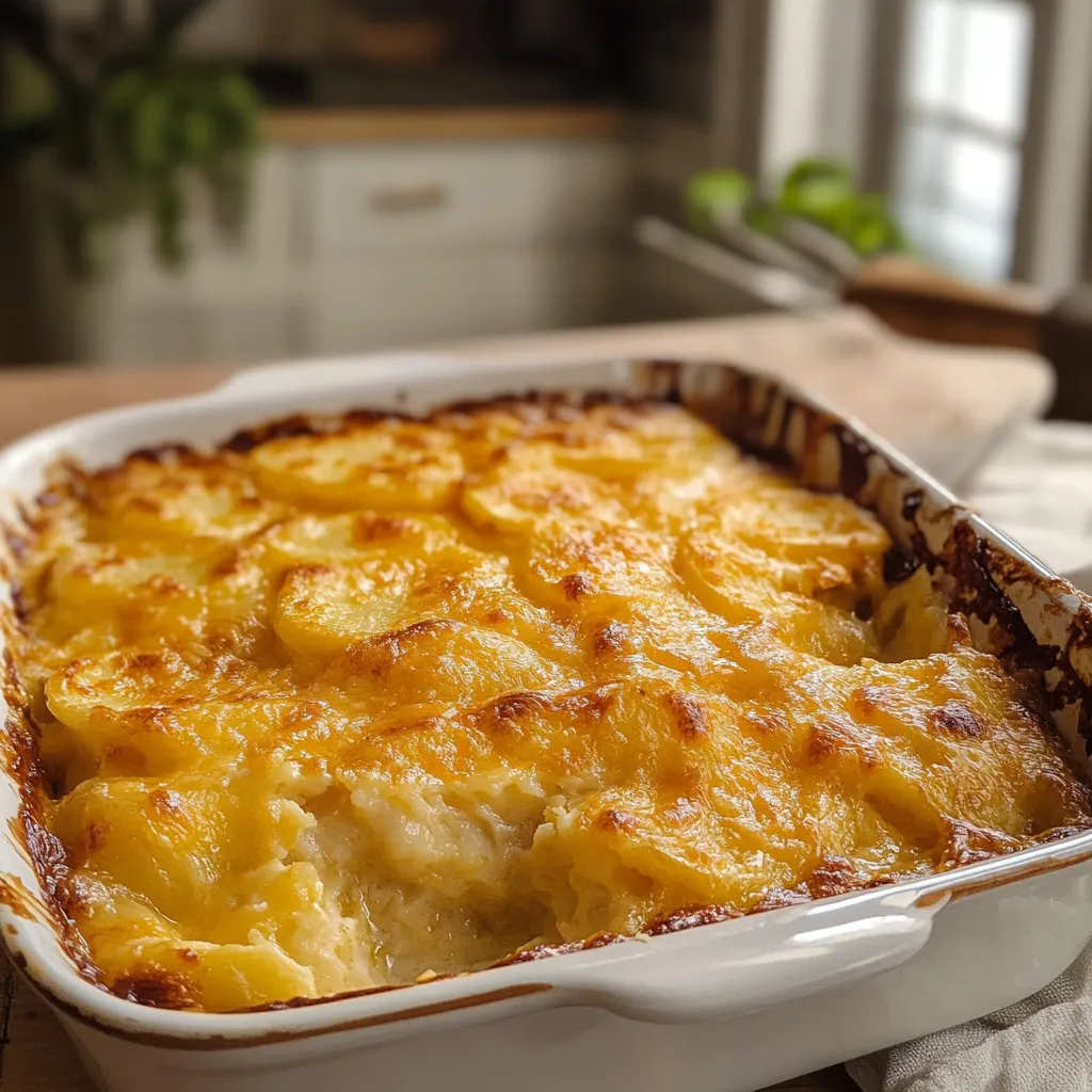 Layered scalloped potatoes smothered in a rich cheese sauce, simple and delicious.