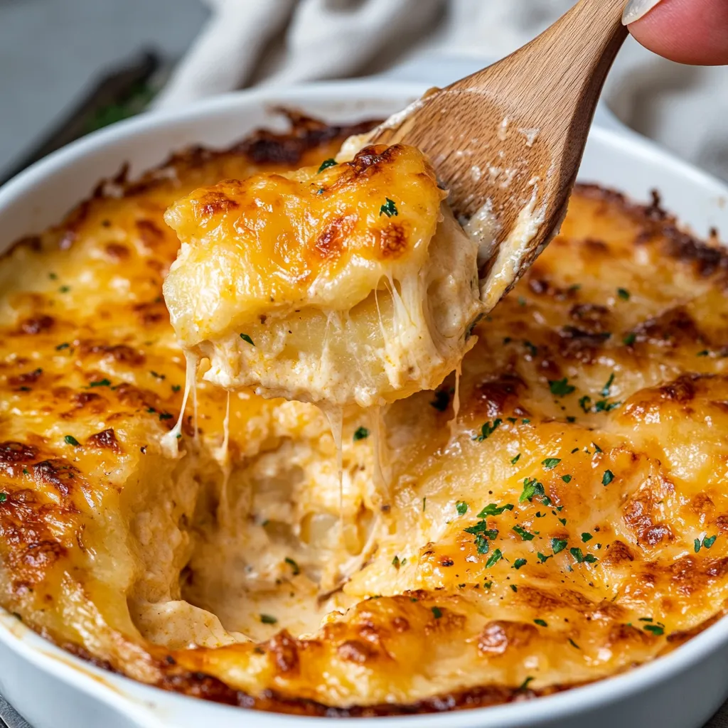 Cheesy scalloped potatoes with a creamy texture and crispy golden top, perfect for any meal.