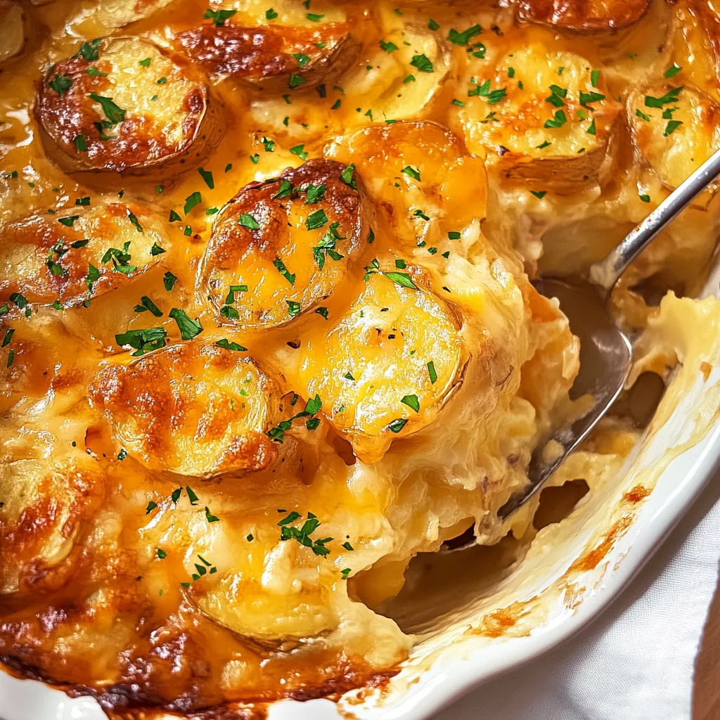 Creamy and easy cheesy scalloped potatoes, baked to golden perfection for a comforting side dish.