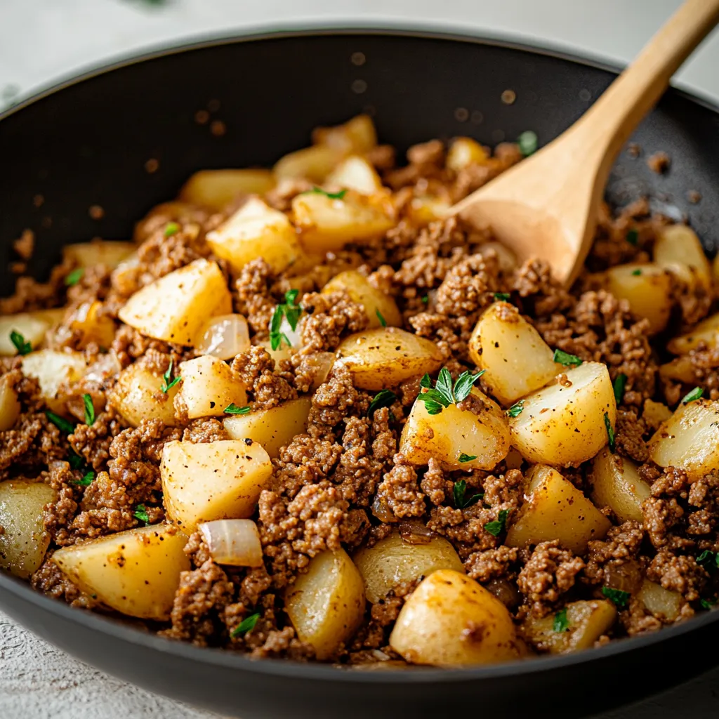 Savory ground beef with tender potatoes, a quick and easy dinner recipe.