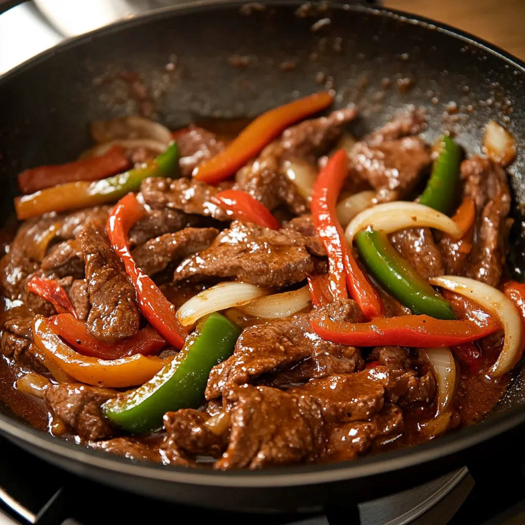 Juicy steak stir-fried with bell peppers and onions, perfect for a hearty meal.