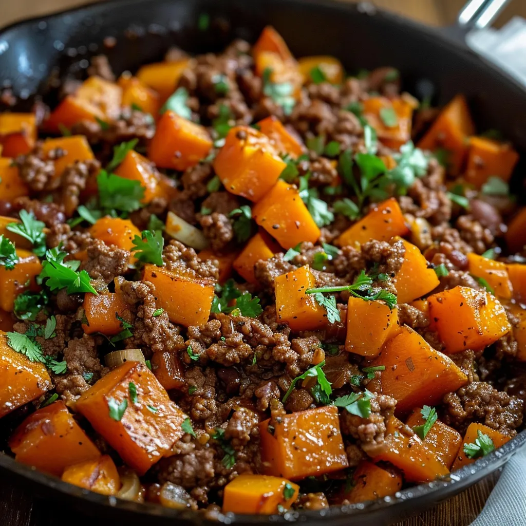 Savory ground beef and sweet potato skillet, a hearty and wholesome one-pan meal.