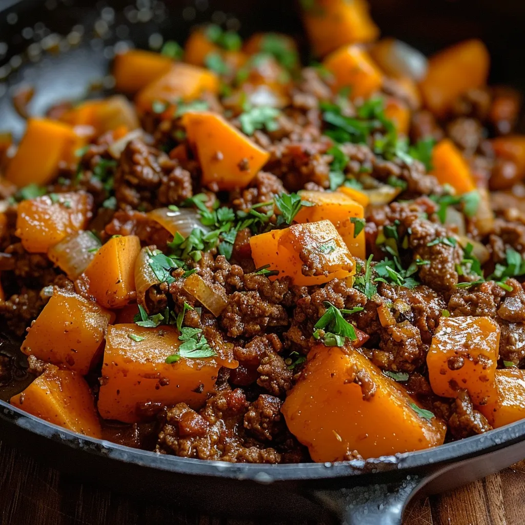 Flavorful skillet with ground beef and sweet potatoes, perfect for a quick dinner.