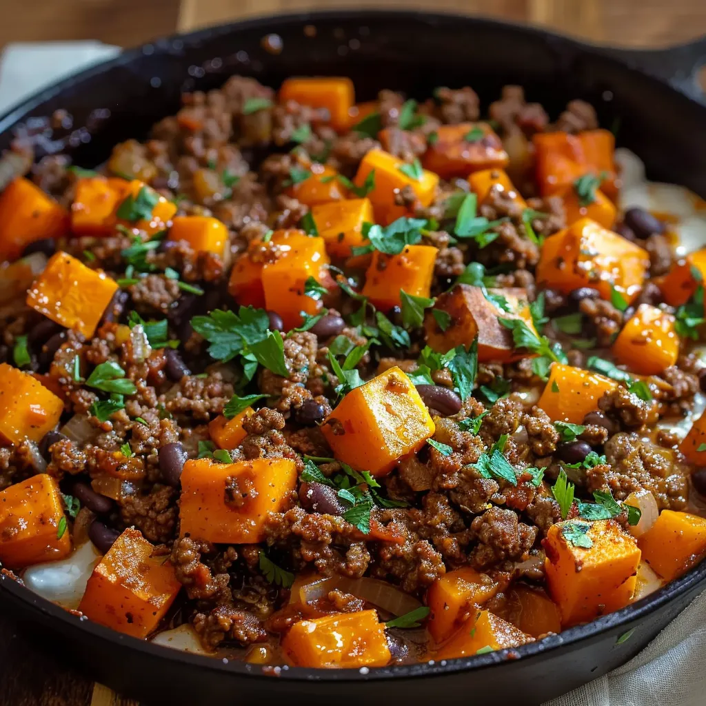 Ground beef and sweet potato skillet, a comforting and easy-to-make dish.