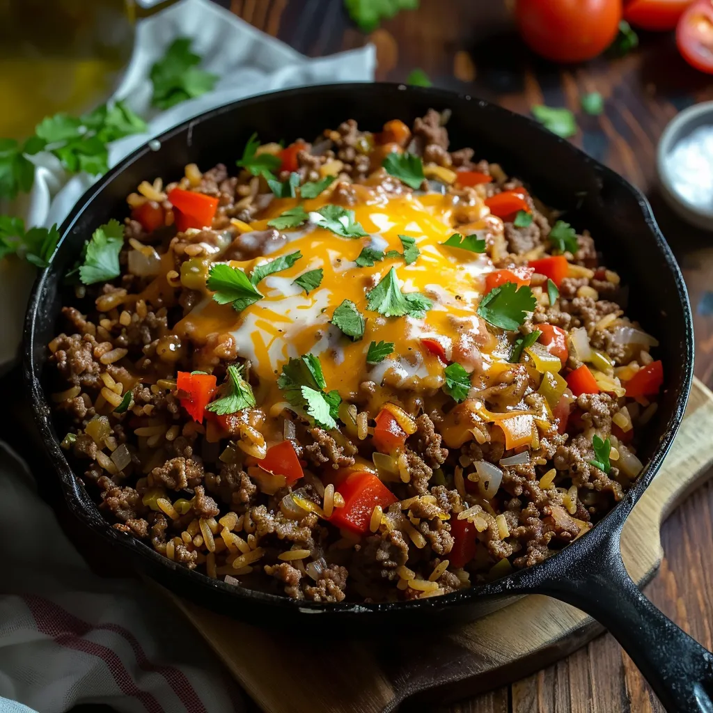 Hearty ground beef with fluffy rice, all cooked in one skillet for easy cleanup.