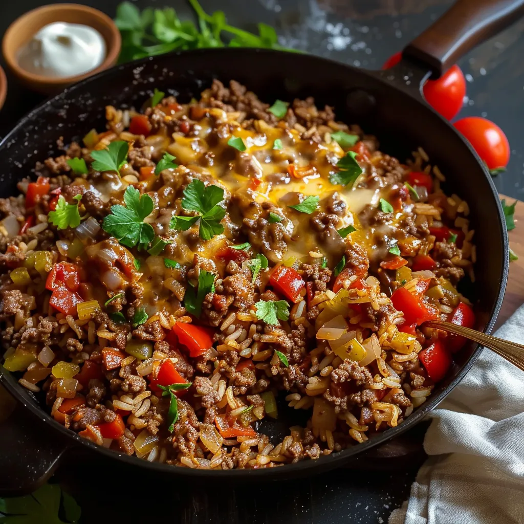 Ground beef and rice skillet, a flavorful and budget-friendly dinner option.