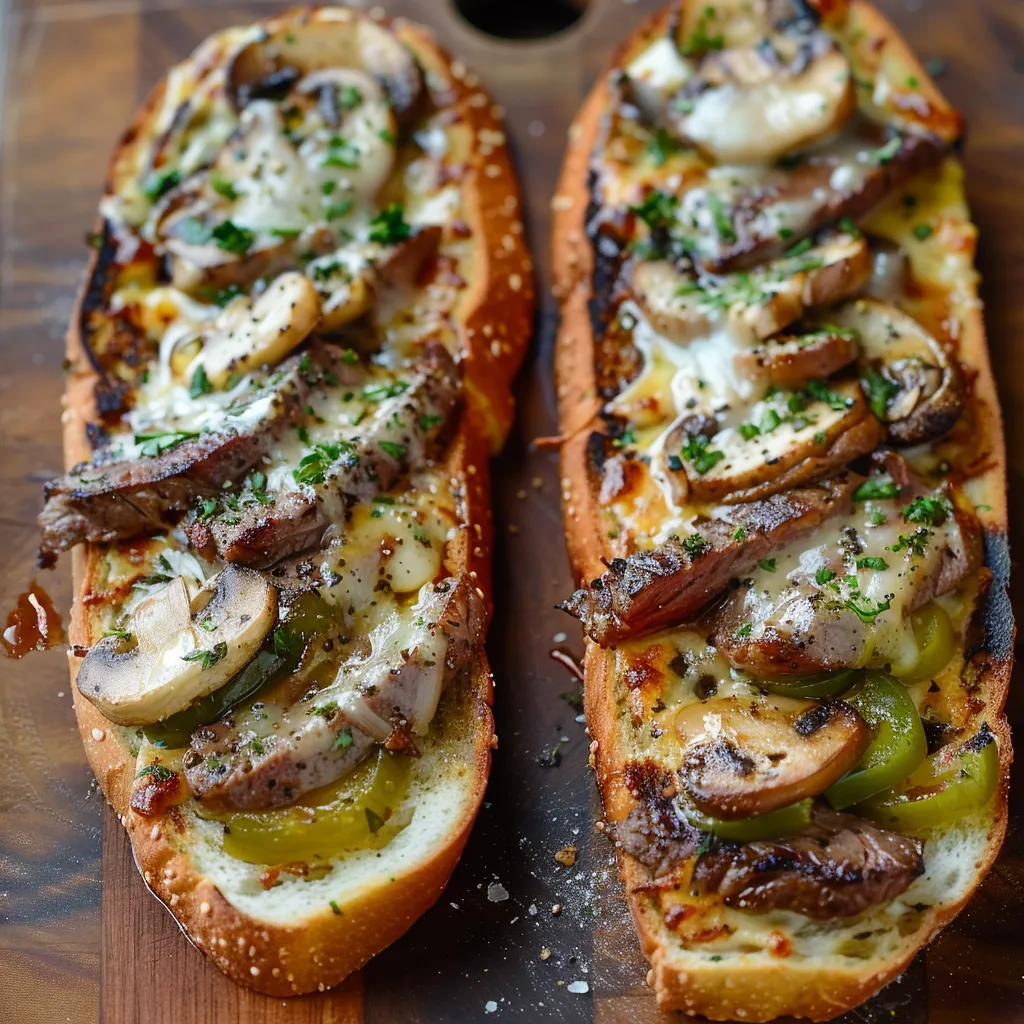 Cheesy Philly cheese steak bread, loaded with steak, onions, and melted cheese.