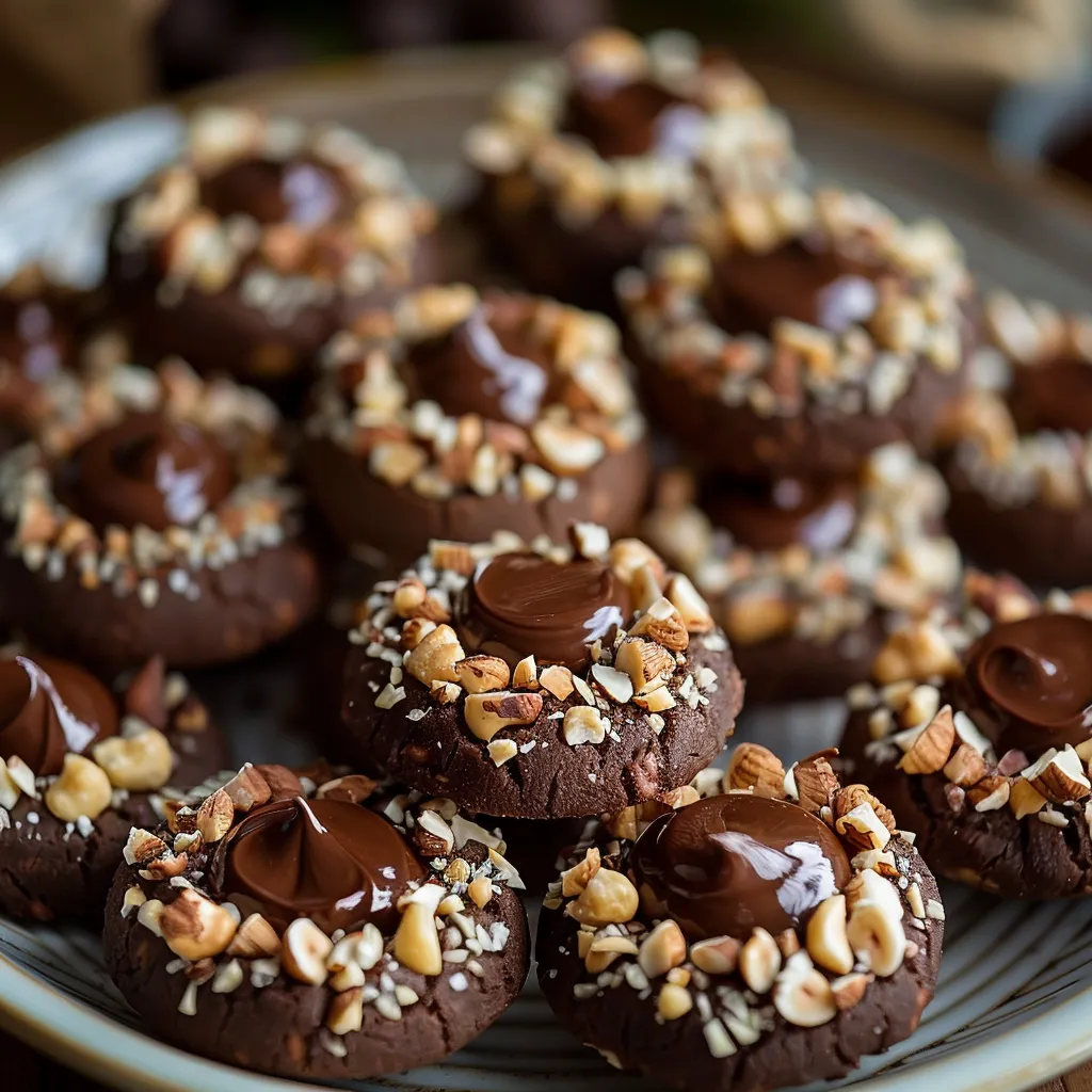 Chocolate hazelnut thumbprint cookies, a delightful bite-sized treat.