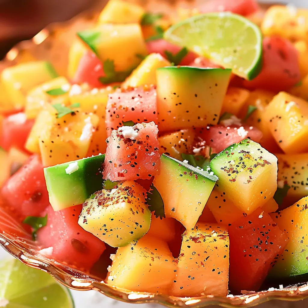 A bowl of fruit with watermelon, lime, and other fruits.