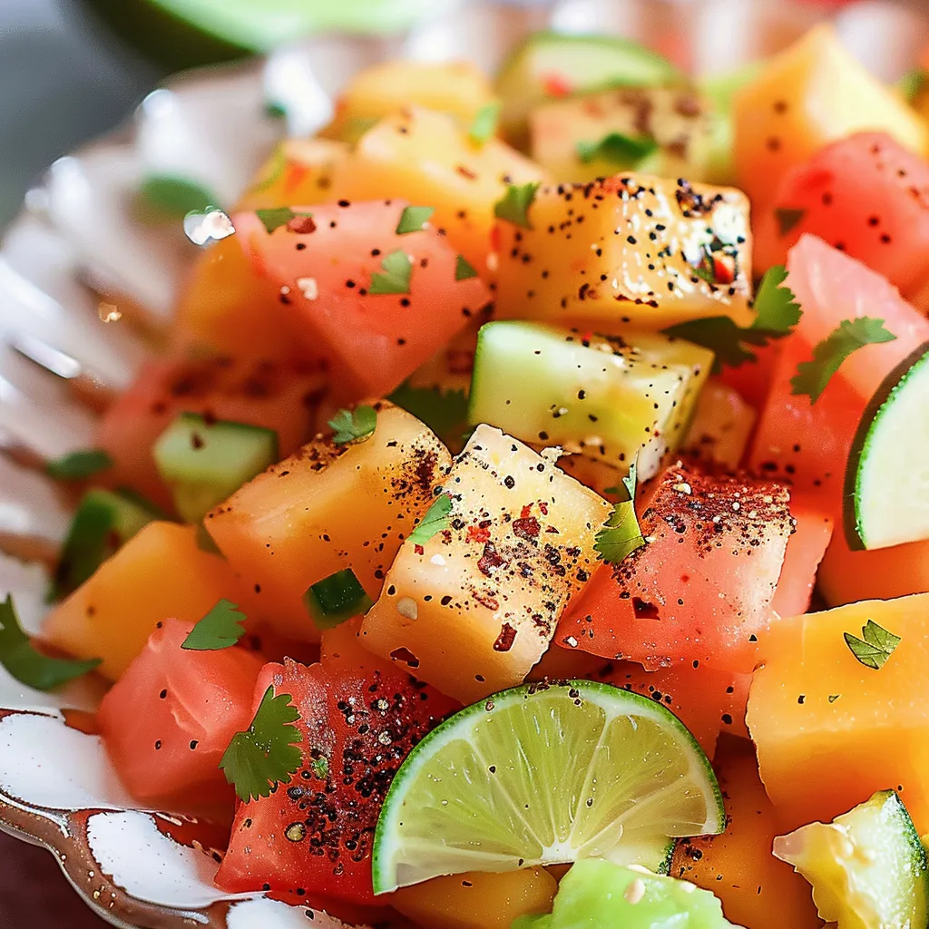 A plate of fruit with lime wedges and black pepper.