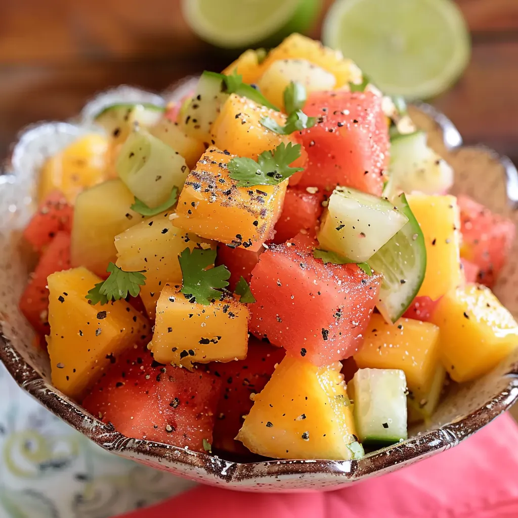 A bowl of fruit with limes and watermelon.