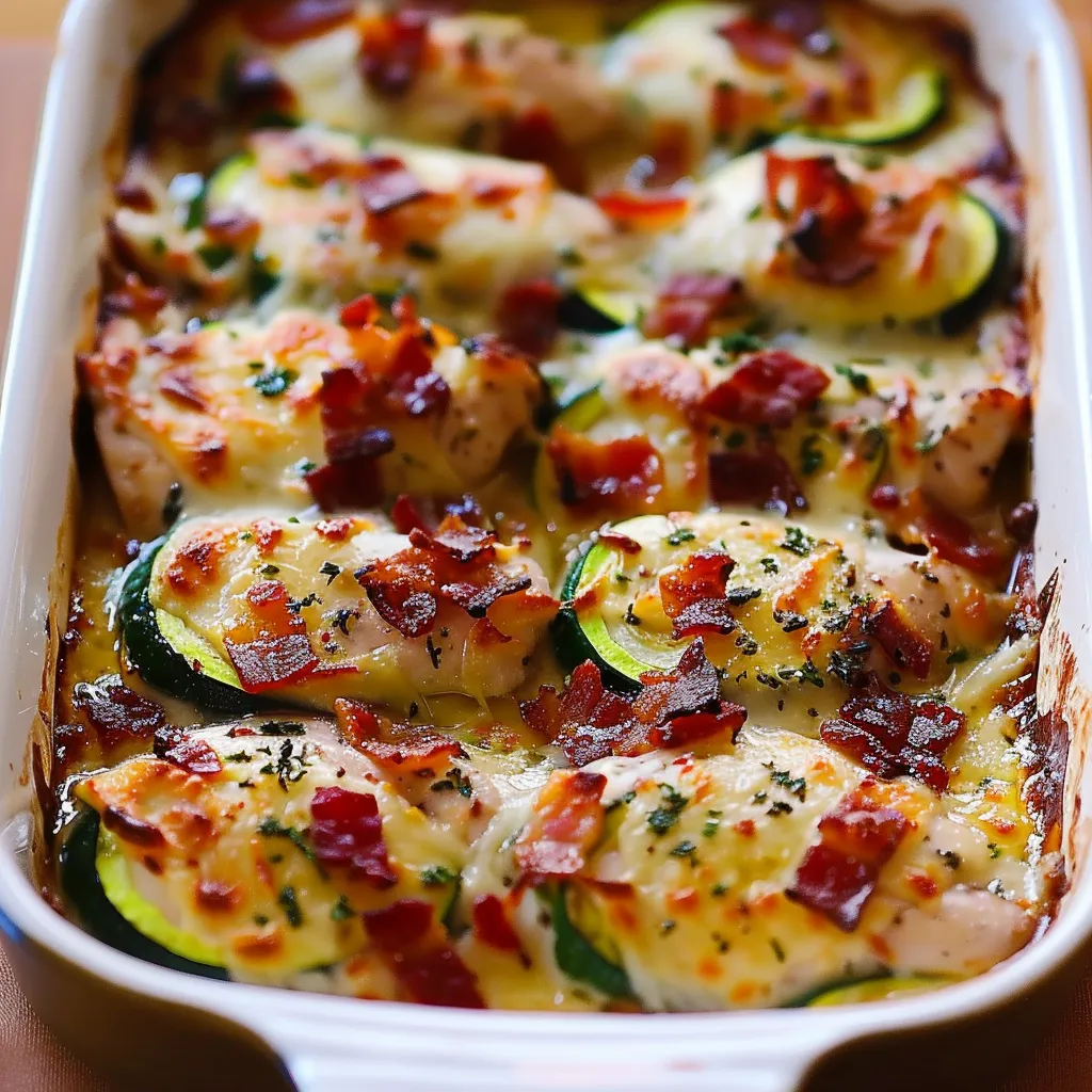 A dish of food with chicken and zucchini.