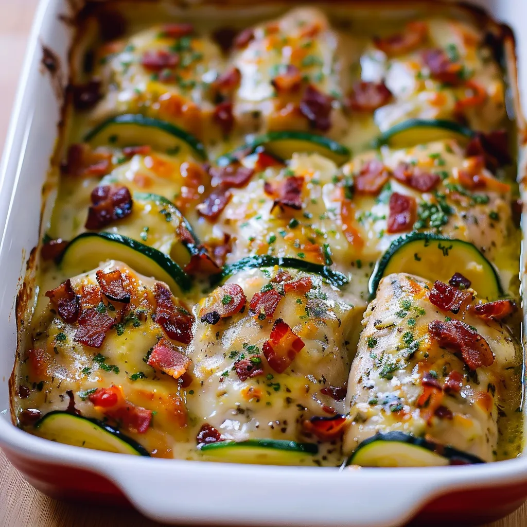 A dish of food with zucchini and bacon.