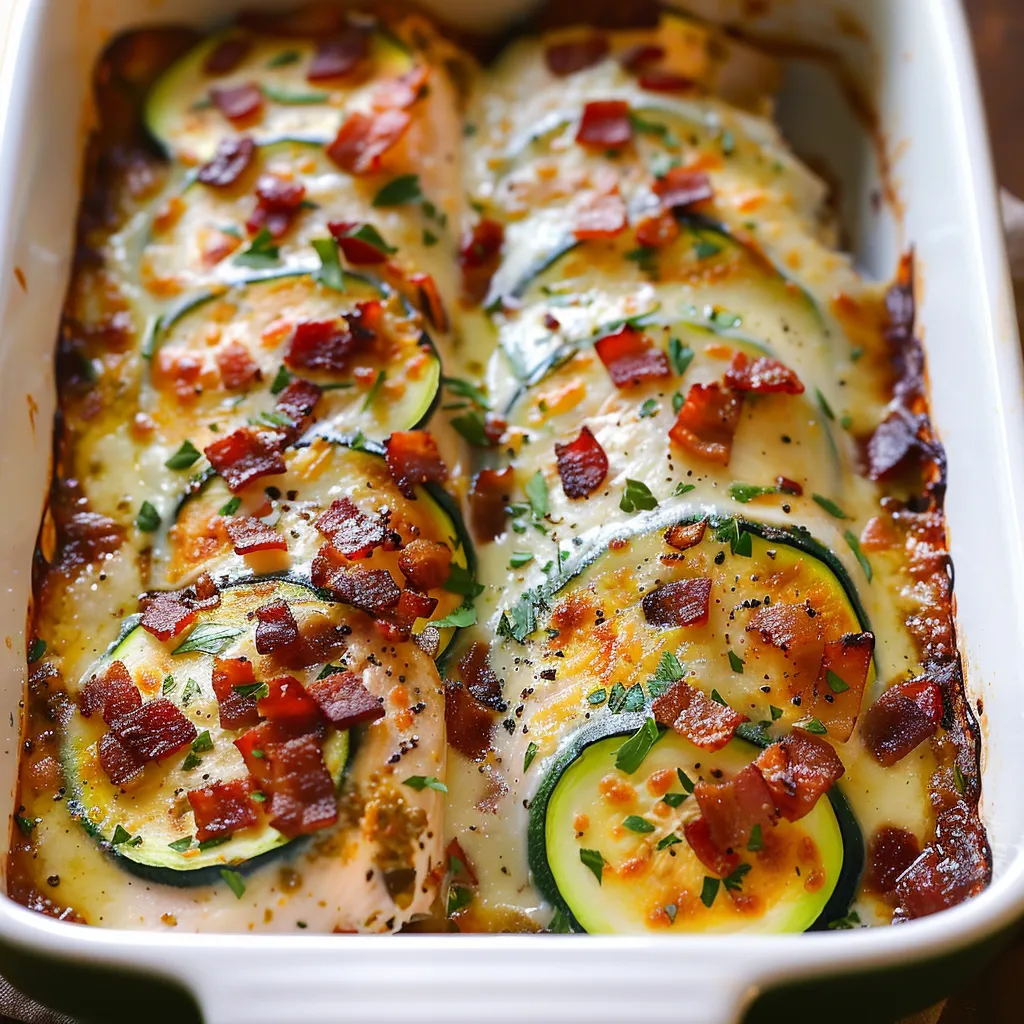 A dish of food with zucchini and bacon.