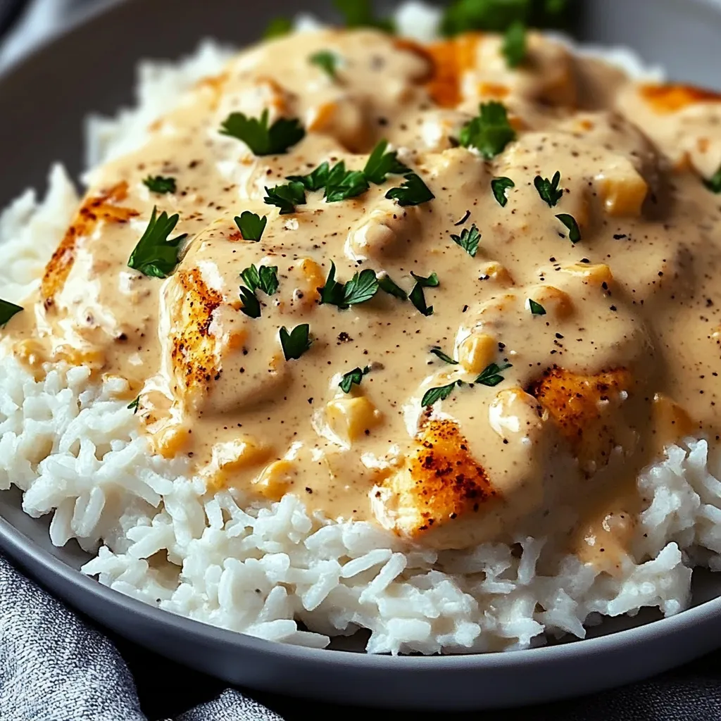 A plate of rice with chicken and sauce.