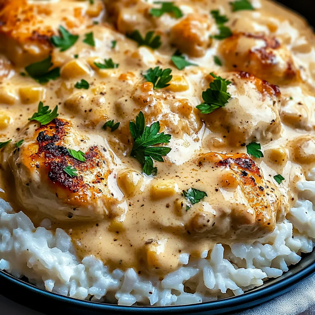 A plate of rice with chicken and corn.