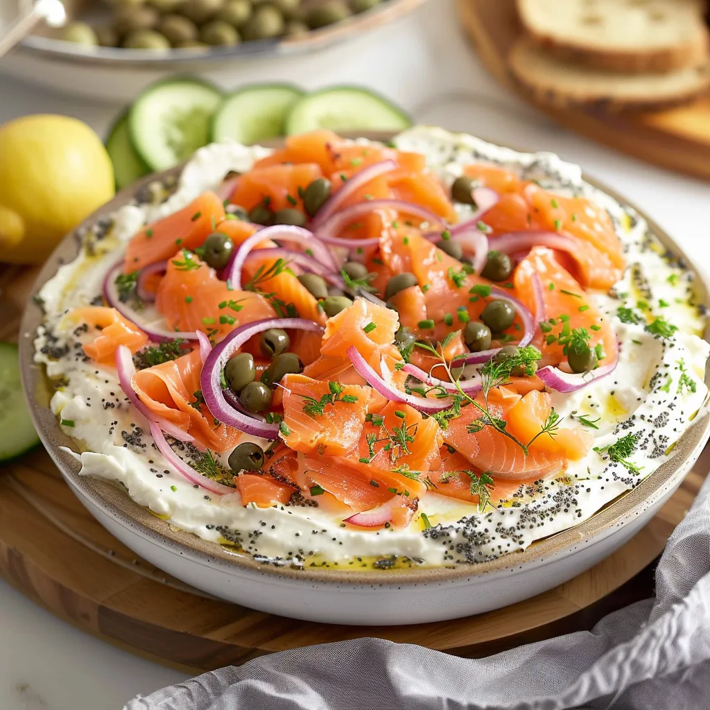 A plate of food with salmon, onions, and capers.