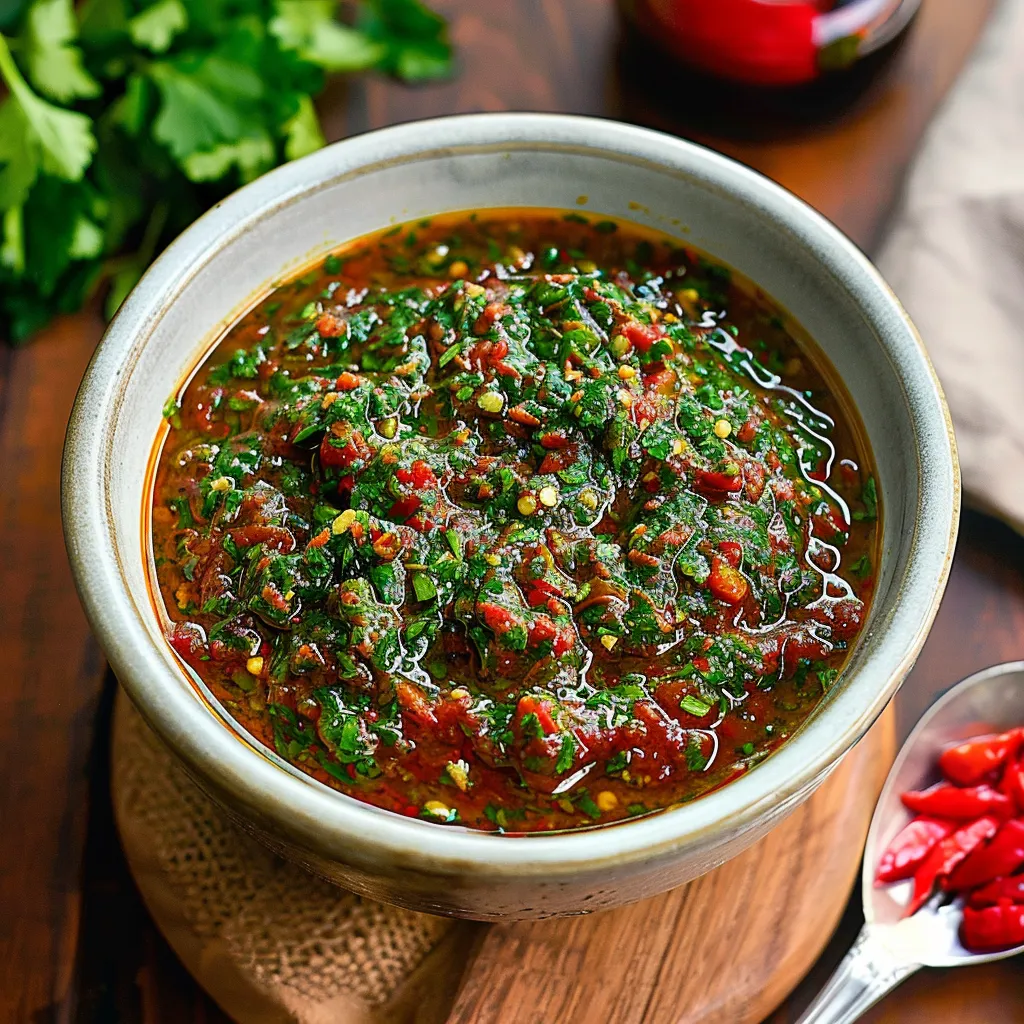 A bowl of salsa with red peppers and green herbs.
