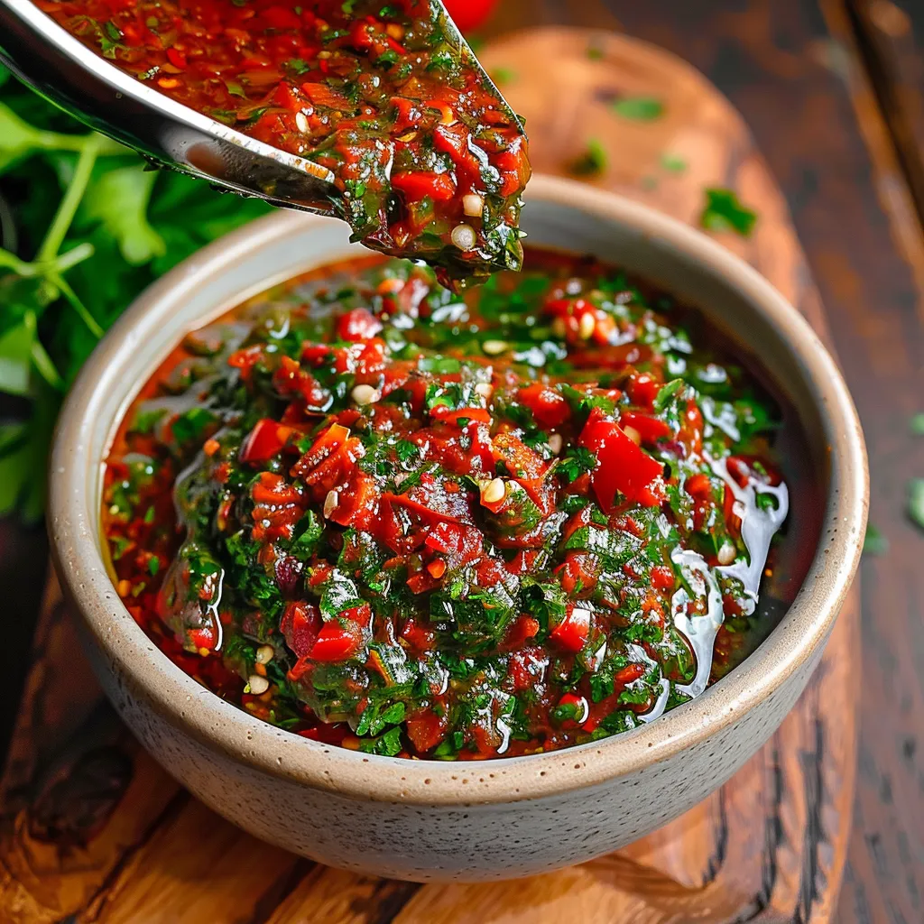 A spoon is scooping up a red sauce.