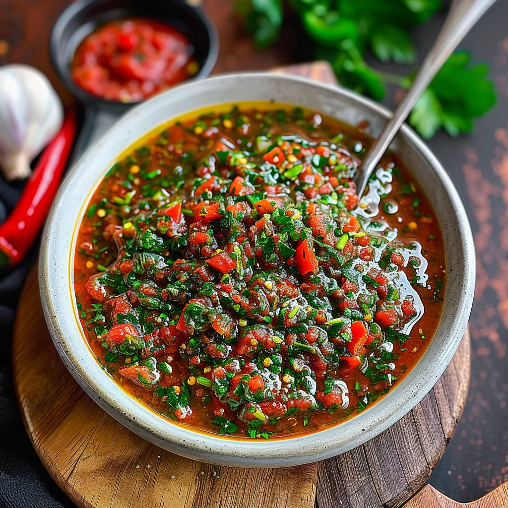 A bowl of salsa with a spoon in it.