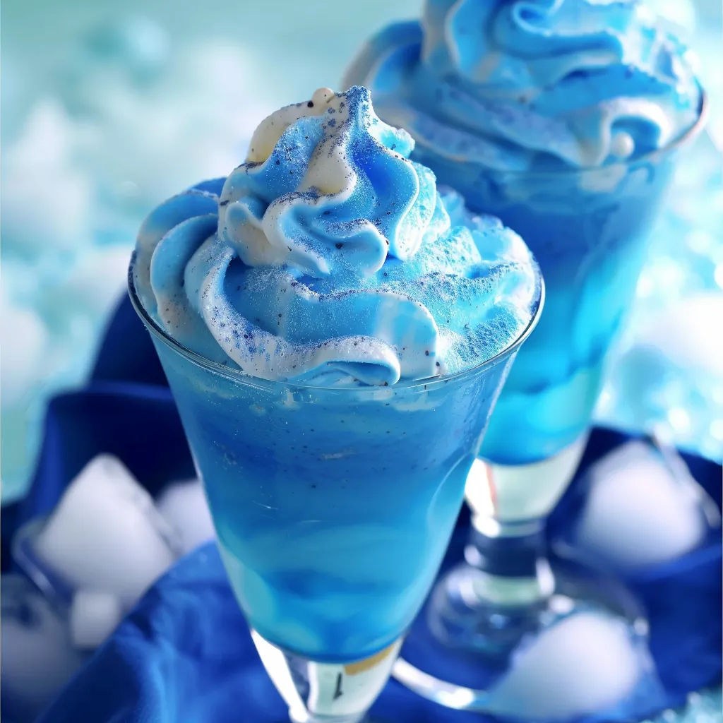 Two blue frozen drinks with whipped cream.