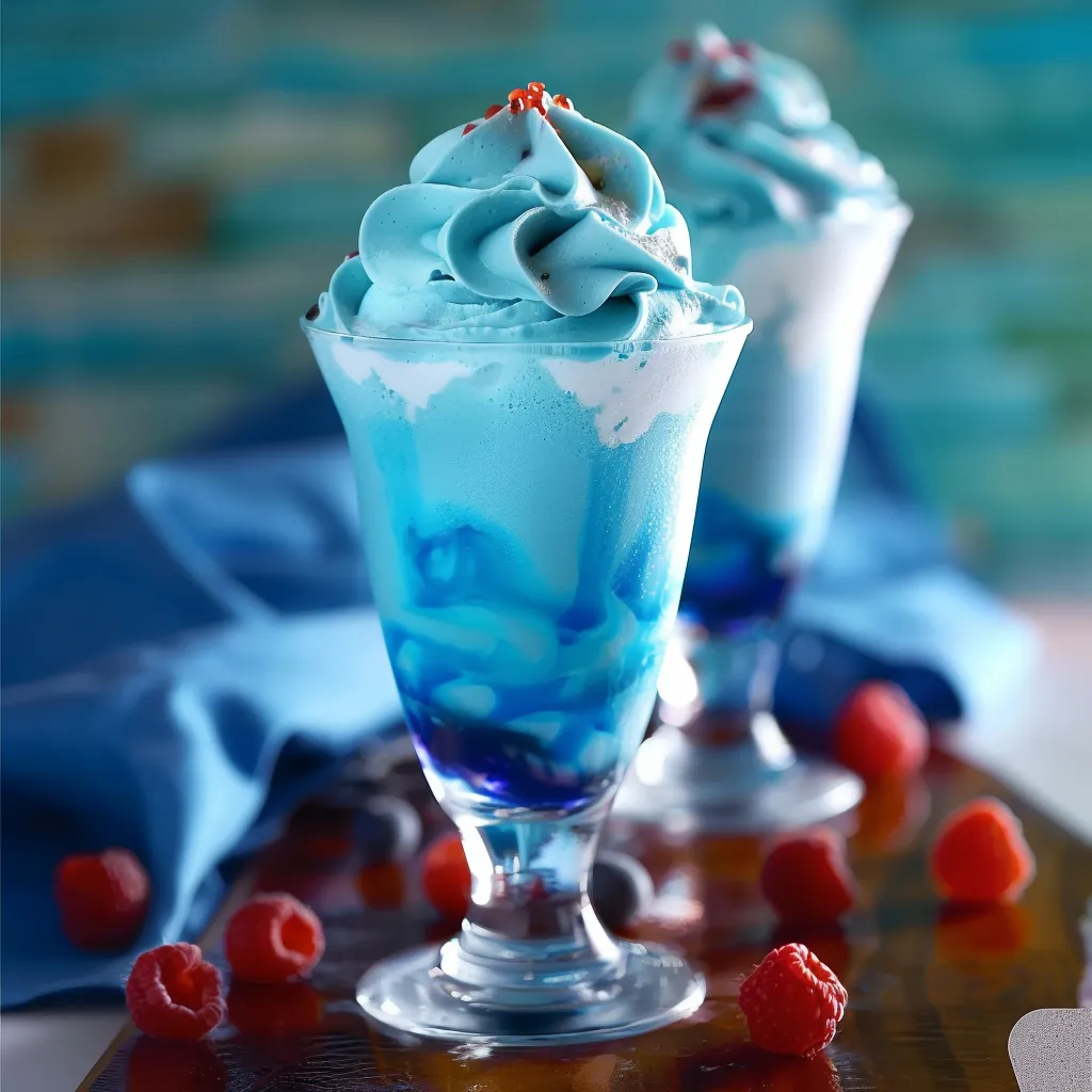 Two blue frozen drinks with raspberries on a table.
