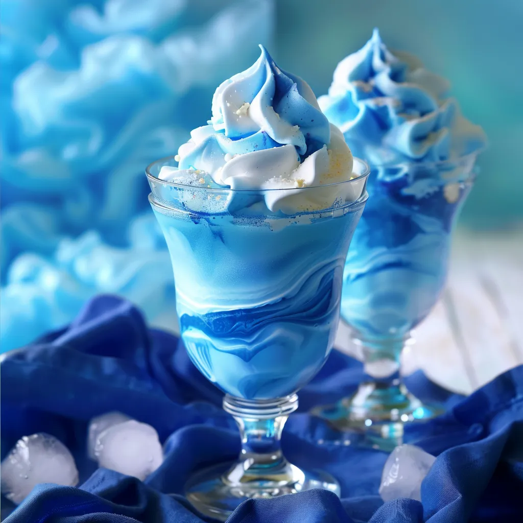 Two blue frozen desserts with white toppings.