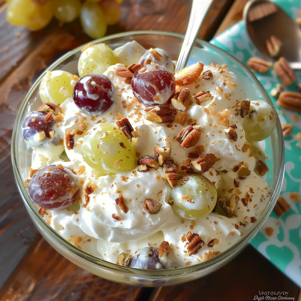 A bowl of fruit salad with grapes, nuts, and raisins.